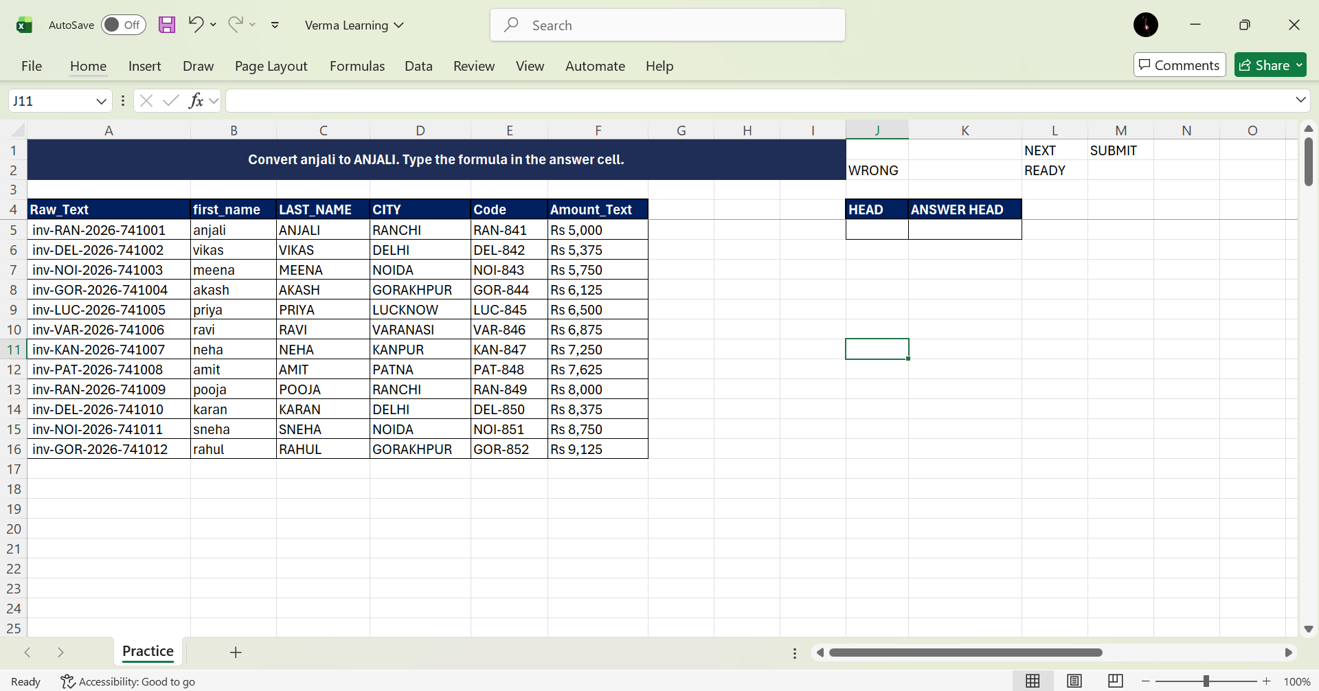 Screenshot of Verma Learning Excel practice sheet with question, data table, answer area, next and submit buttons